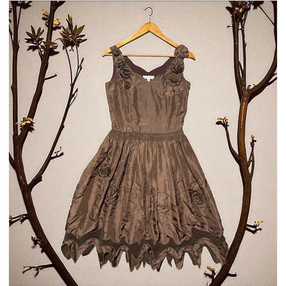 Chloe Silk Rosette Dress EU 38 US 4 Brown Fit Flare Designer Fairy Cocktail